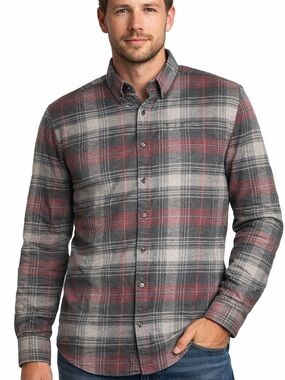 Jackson Hole brand long-sleeve flannel shirt gray red tartan plaid pattern
